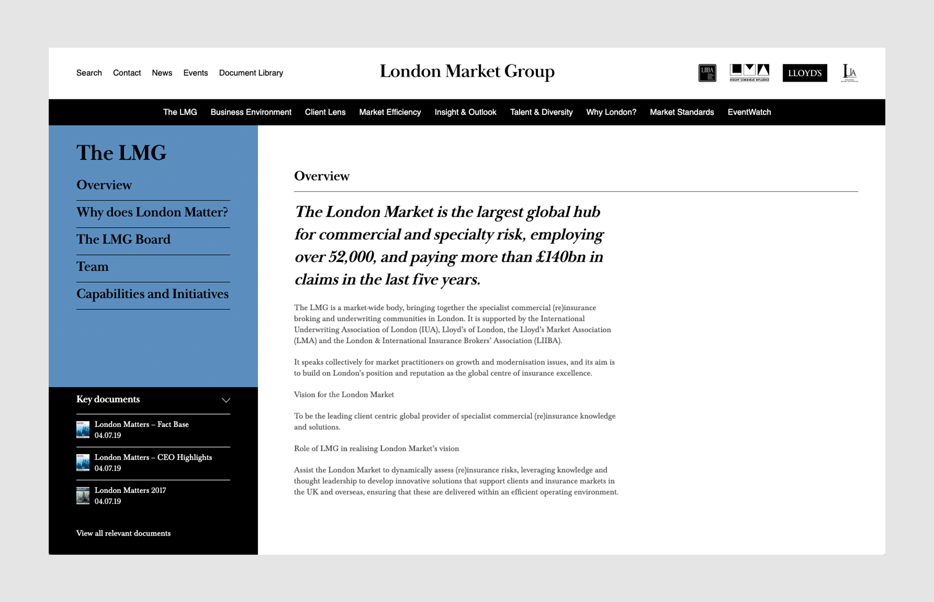 London market group sector landing page design