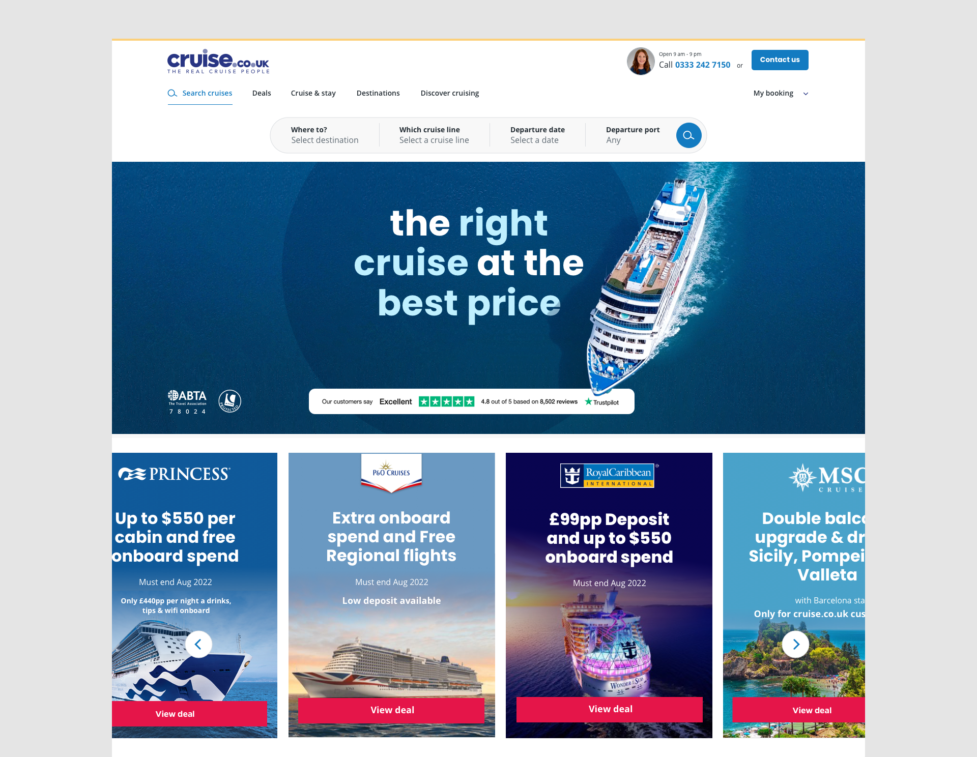 Homepage design of cruise.co.uk